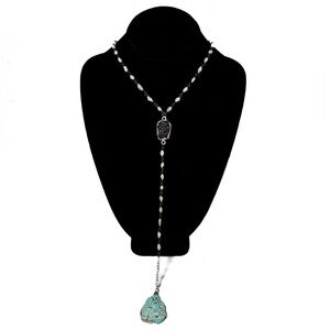 NEW - Stunning Freshwater Pearl, Turquoise & Druzy Lariat Necklace Handmade